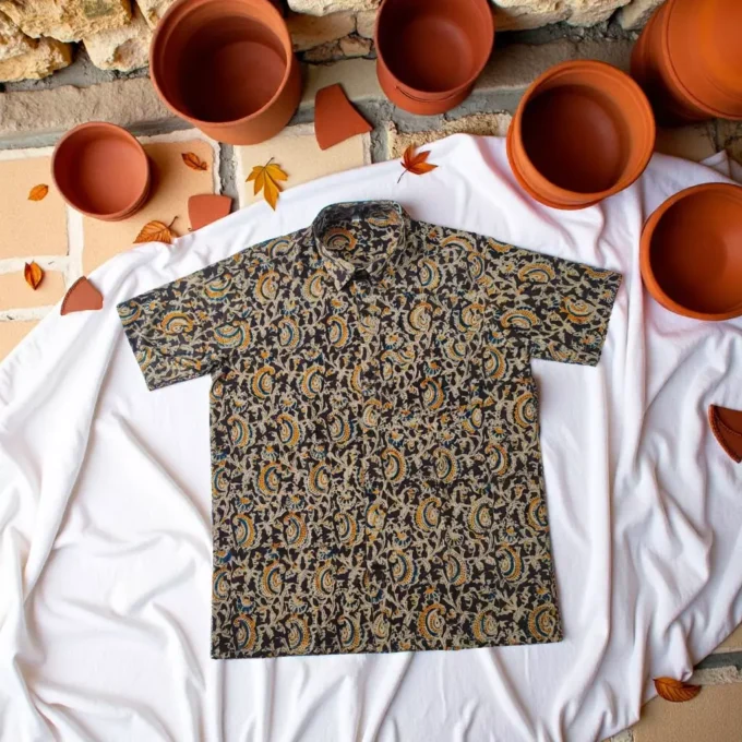 Abhisari Men's Circular Paisley Kalamkari Print Cotton Shirt unfolded