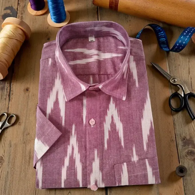 Abhisari Men's Cotton Ikat Shirt in Maroon