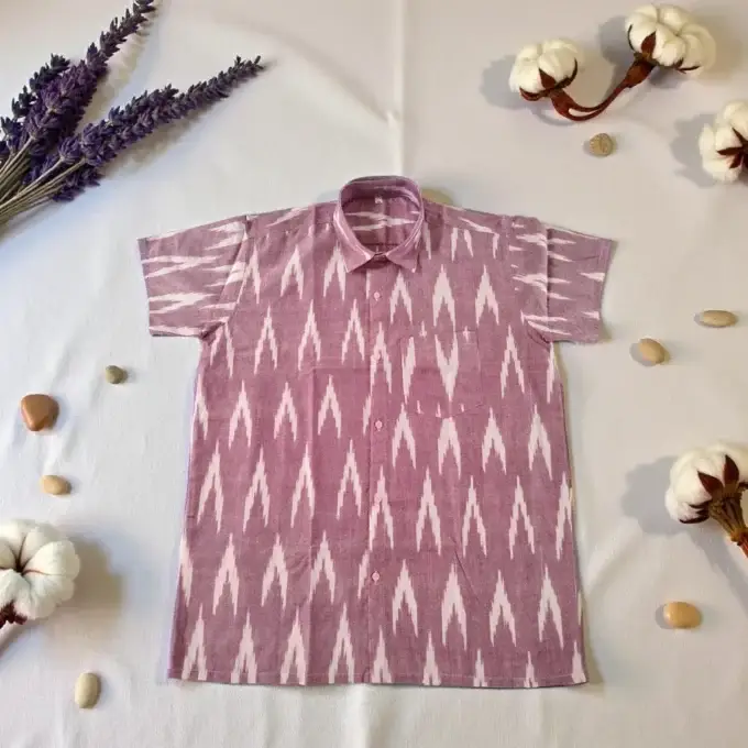 Abhisari Men's Cotton Ikat Shirt in Maroon-unfolded