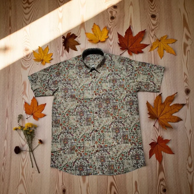 Abhisari Men's Intricate Bird & Paisley Kalamkari Cotton Shirt unfolded