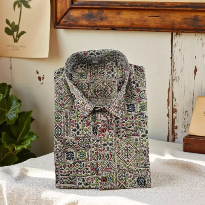 Artisanal Floral Block Kantha Stitch Shirt Folded