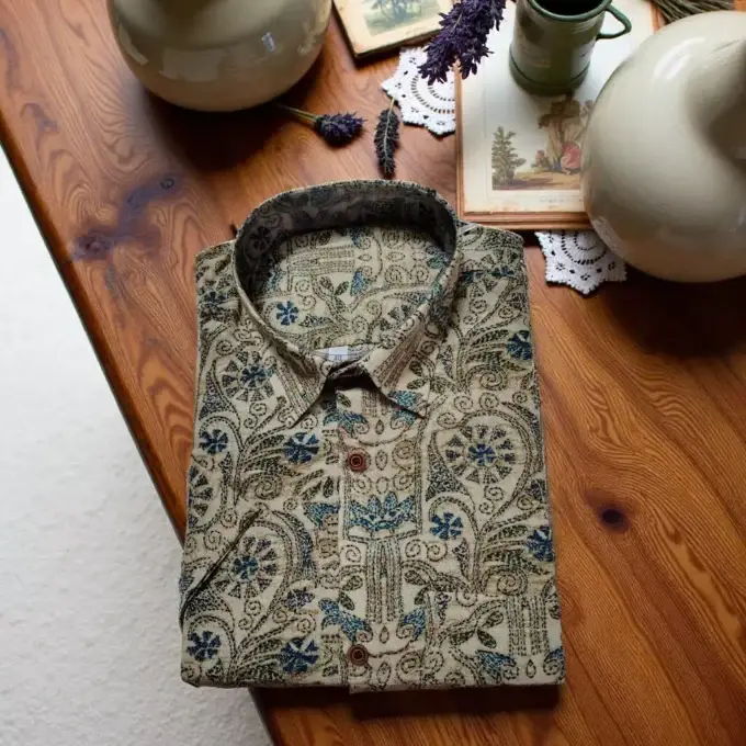 Blue & Olive Hand-Embroidered Kantha Stitch Shirt