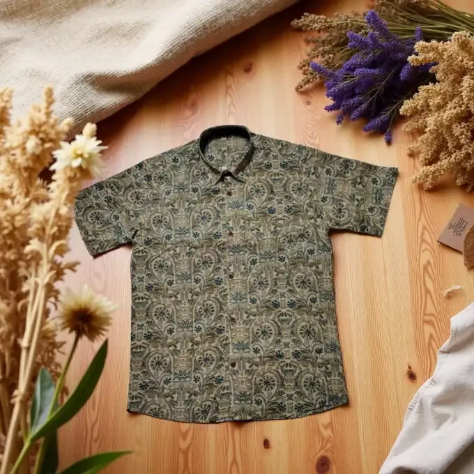 Abhisari Blue & Olive Hand-Embroidered Kantha Stitch Shirt - Image 2