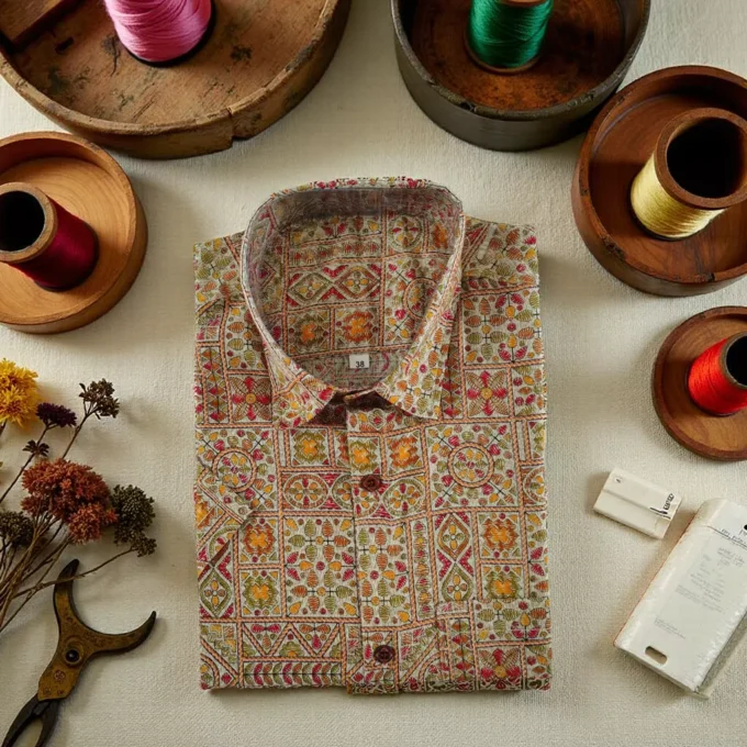 Abhisari Hand-Embroidered Geometric Kantha Stitch Cotton Shirt