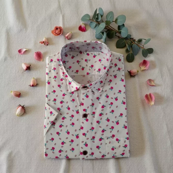 Pink Rosebud Print Casual Cotton Shirt